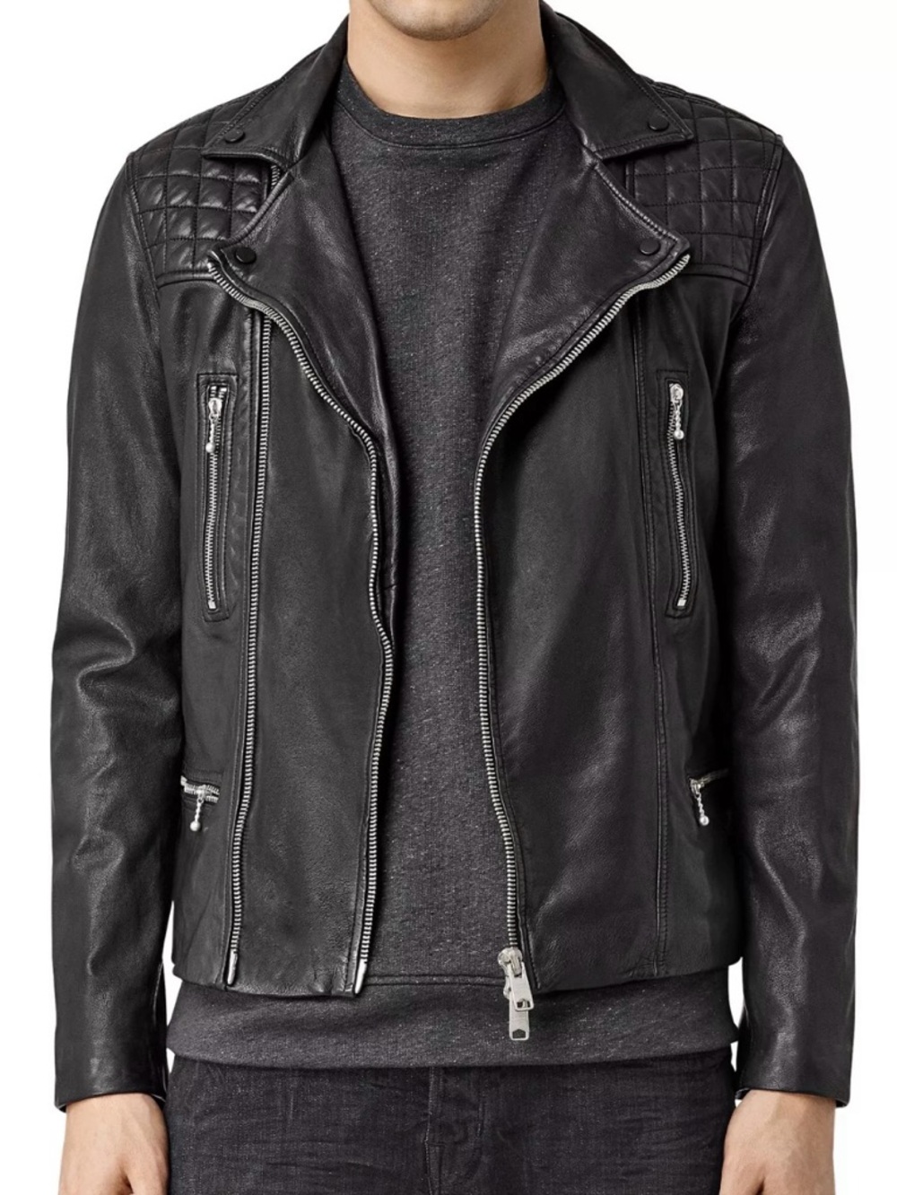 AllSaints Rowley Black Quilted-Shoulder Leather Moto Jacket